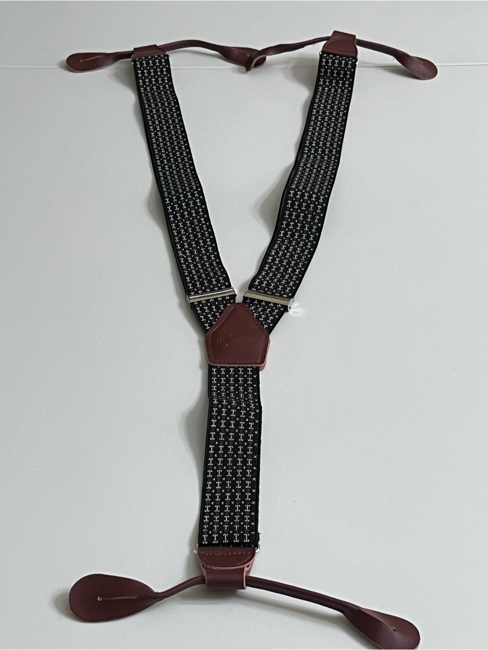 Men's Black Patterned Adjustable Suspenders with Faux Brown Leather Accents